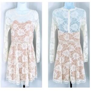 Soieblu Long Sleeve Jeweled Floral Lace Dress Size S